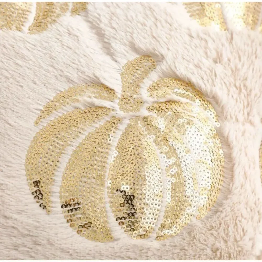 Halloween Gold Pumpkin Sequin Throw Pillow Cover 20inx20in Living/Bedroom Decor